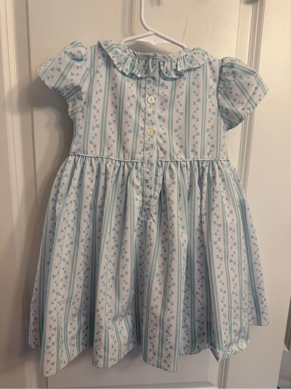 Girls White and Light Blue Smocked Floral Stripe Dress